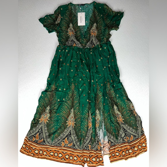 Bloomchic Bandana Pocket Button Wrap Split Midi Dress Size 10 Green NWT - Picture 5 of 12